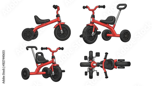 Four Views of a Red Children's Tricycle on a White Background, Ideal for Play and Outdoor Activities
