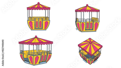 Colorful carousel ride cabins in a top-down, side, and front view, offering a whimsical amusement park experience