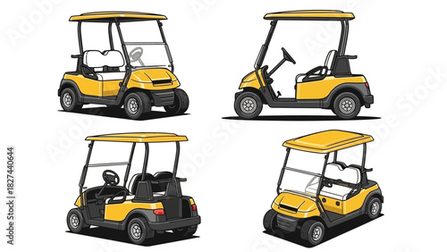 Set of Yellow Golf Carts from Different Angles Front, Side, Rear, and Three-Quarter View