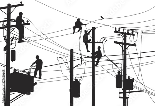 Silhouettes of linemen working on utility poles with transformers and wires lineman electricity