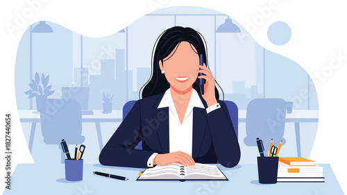 Professional woman speaking on phone while working in the office. Ideal for communication, multitasking, customer service, and modern business workflow designs