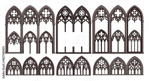 Set of intricate gothic cathedral windows with pointed arches and tracery in a detailed black and white architectural style.