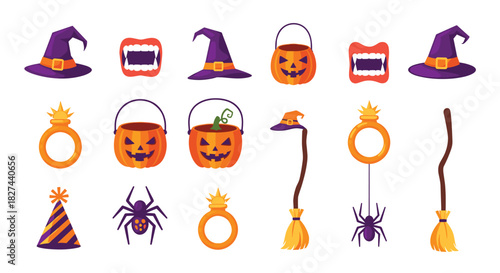 Fun collection of Halloween party photo booth props on sticks, including witch hats, vampire fangs, and pumpkin baskets.