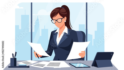Focused businesswoman reading and reviewing paperwork at office desk. Great for productivity, work analysis, planning, and organizational workplace themes