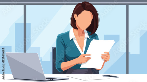 Focused businesswoman reading and reviewing paperwork at office desk. Great for productivity, work analysis, planning, and organizational workplace themes