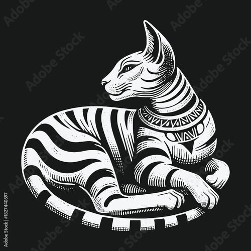 Ancient Egyptian cat goddess Bastet in black and white engraving style.