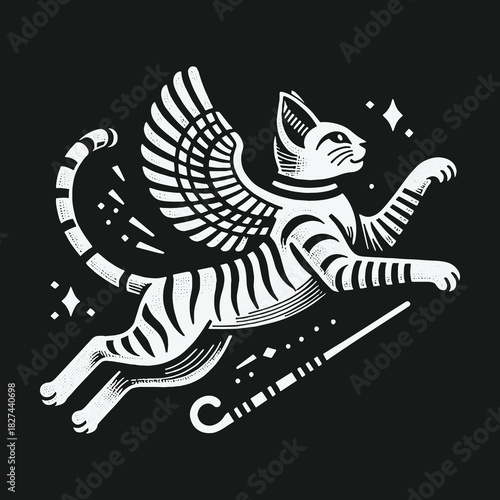Mythical winged tiger cat flying with a magic wand illustration.