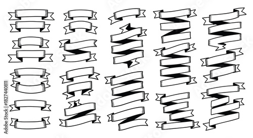 Extensive collection of vintage hand-drawn ribbon banners and scrolls in a black and white line art style for decoration.