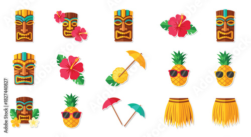 Vibrant collection of Hawaiian and Tiki-themed stickers featuring tribal masks, hibiscus flowers, and cool pineapples.