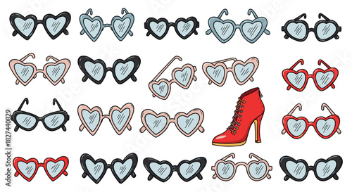 Fashionable collection of colorful heart-shaped sunglasses in various styles and a single red ankle boot illustration.