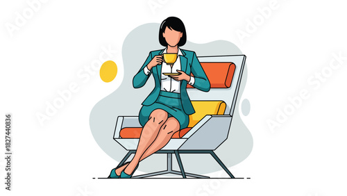 Businesswoman relaxing with tea during break time in modern office. Ideal for workplace wellness, balance, stress relief, and healthy work lifestyle visuals