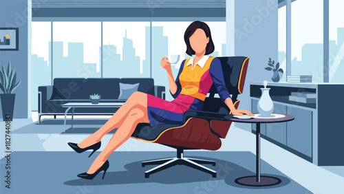 Businesswoman relaxing with tea during break time in modern office. Ideal for workplace wellness, balance, stress relief, and healthy work lifestyle visuals