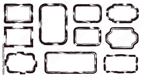 Assortment of rectangular and decorative frames with a bold, black grunge brush stroke texture for modern design projects.