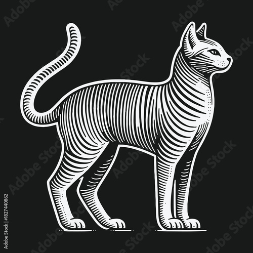 Elegant Striped Feline Illustration in Engraving Art Style.