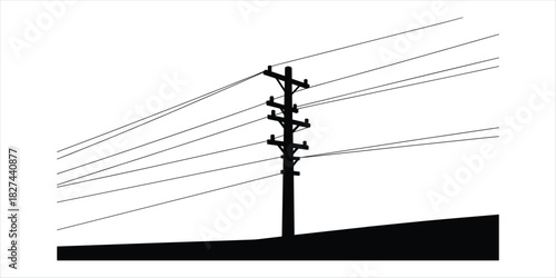 Black silhouette of a wooden utility pole with multiple power lines electricity transmission