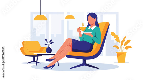 Businesswoman relaxing with tea during break time in modern office. Ideal for workplace wellness, balance, stress relief, and healthy work lifestyle visuals