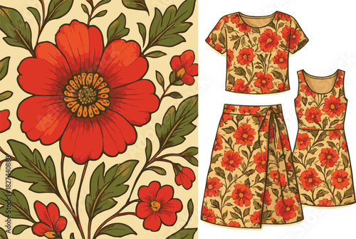 Vintage Style Red Flower Textile Pattern for Fashion Apparel