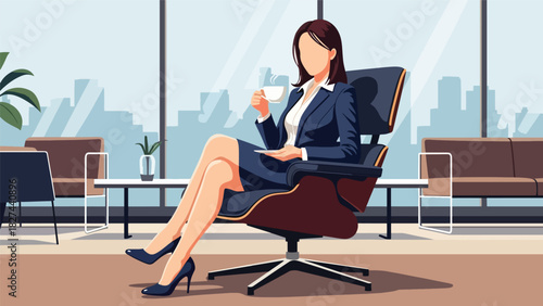 Businesswoman relaxing with tea during break time in modern office. Ideal for workplace wellness, balance, stress relief, and healthy work lifestyle visuals