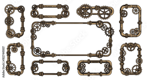 Intricate collection of vintage steampunk frames constructed from industrial pipes, cogs, and gears for a mechanical aesthetic.