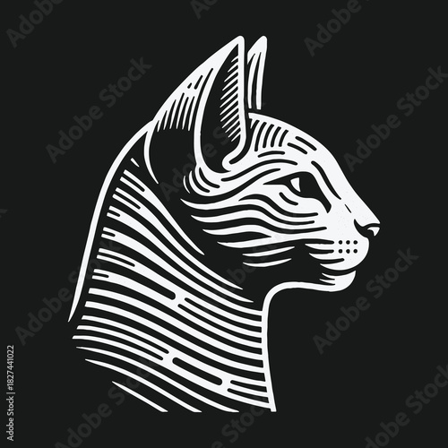 Stylized Egyptian cat head profile in a bold linocut style illustration.
