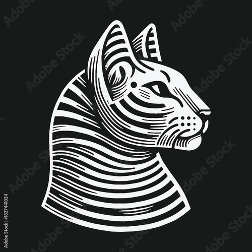 Elegant striped cat head profile in a black and white graphic style.