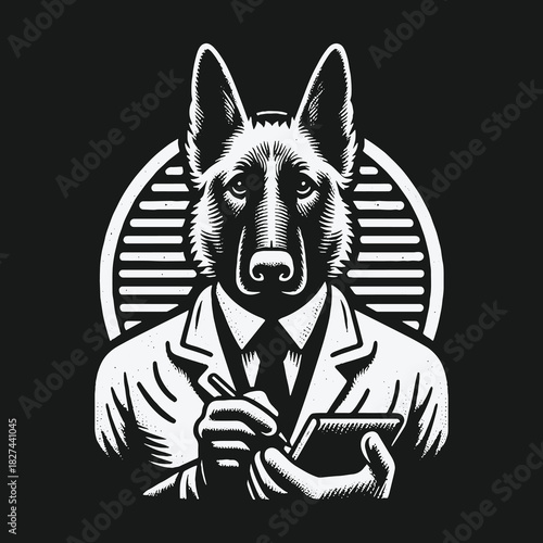 Anthropomorphic German Shepherd Detective in a Suit Illustration.