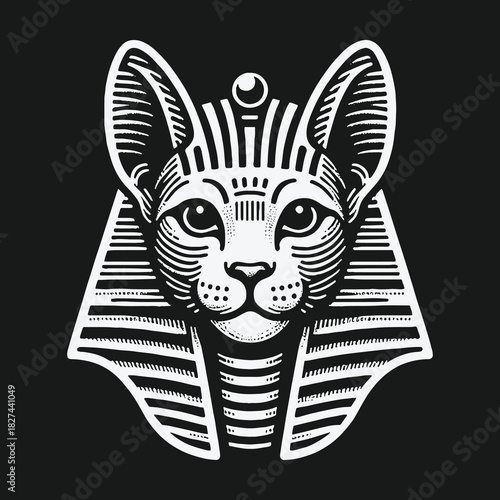 Ancient Egyptian Cat Pharaoh Head Black and White Illustration.