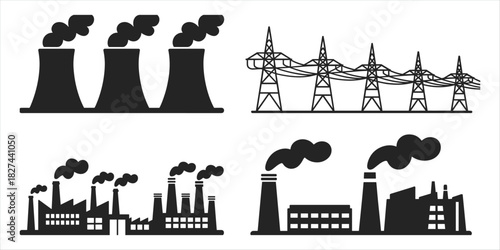 Black silhouette industrial power plants and transmission towers with smoke factory chimney