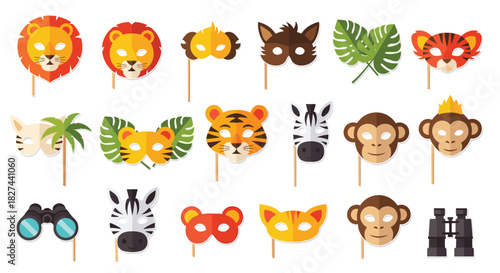 Fun collection of jungle animal photo booth props on sticks, including lion, tiger, and zebra masks for party fun.