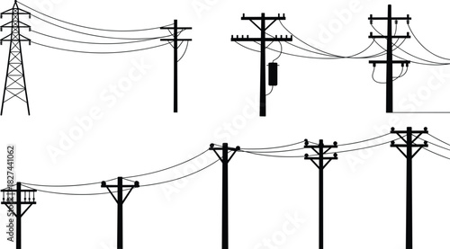 Black silhouette of power line towers and poles with wires electricity transmission