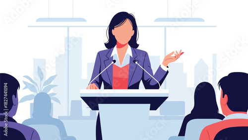 Confident woman speaking from podium while leading a meeting or presentation. Ideal for leadership, corporate culture, and motivational teamwork visuals