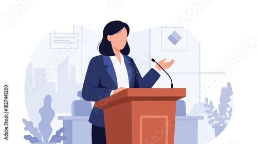 Confident woman speaking from podium while leading a meeting or presentation. Ideal for leadership, corporate culture, and motivational teamwork visuals