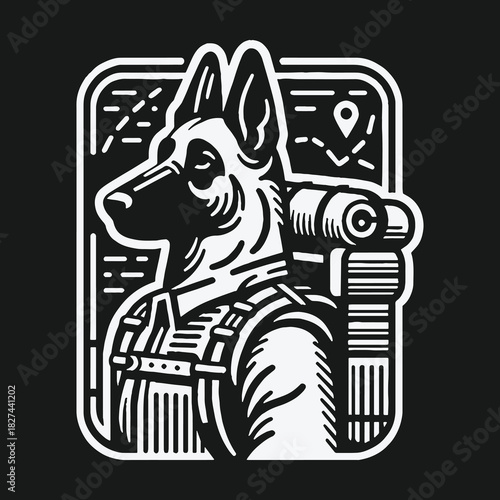 Monochrome illustration of a German Shepherd dog with a backpack for hiking and adventure.