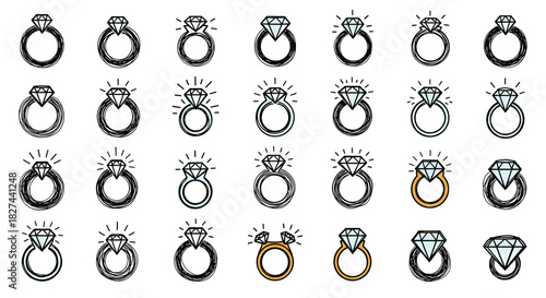Dazzling set of diamond engagement rings in various styles, including clean, colorful, and grunge-textured vector designs.