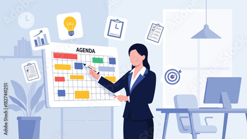 Professional woman reviewing calendar tasks to plan daily schedule. Ideal for productivity, time management, and business planning content