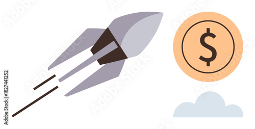 Rocket advancing toward a dollar coin above a cloud, representing innovation, financial growth. Ideal for startup success, investment, economic growth, business goals, rapid progress, wealth