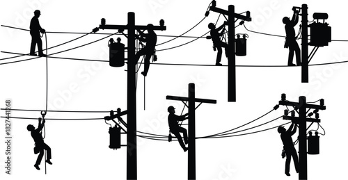 Silhouettes of linemen working on utility poles with transformers and wires lineman power line