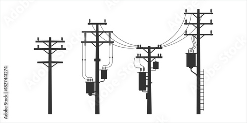 Black silhouette of utility poles with transformers and wires on white background power line