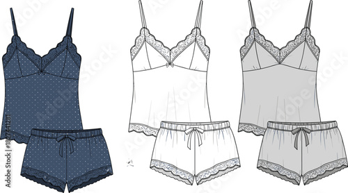 Elegant Lace Trim Pajama Set Technical Fashion Sketch: Cami Top and Shorts Lingerie Flats in Navy Polka Dot and Solid Color for Women's Sleepwear Design.