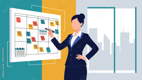 Professional woman reviewing calendar tasks to plan daily schedule. Ideal for productivity, time management, and business planning content