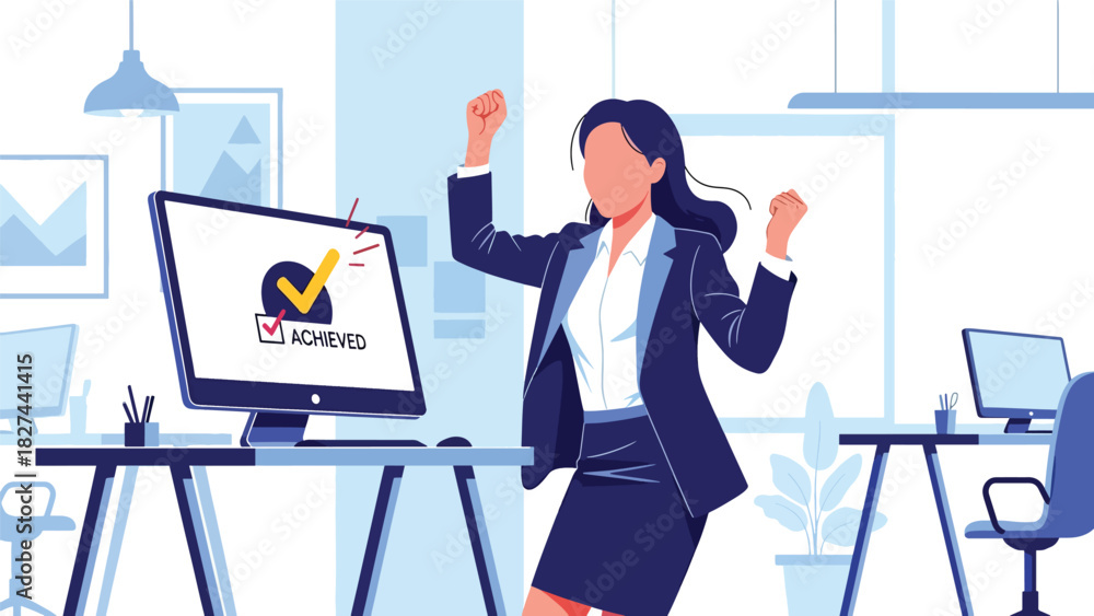 Fototapeta premium Excited businesswoman celebrating achievement at her desk. Ideal for motivation, success themes, teamwork celebration visuals, and professional growth content