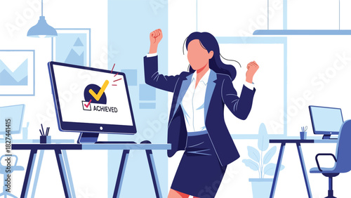 Excited businesswoman celebrating achievement at her desk. Ideal for motivation, success themes, teamwork celebration visuals, and professional growth content