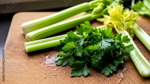 Wallpaper Mural Fresh celery and parsley on a wooden cutting board with water droplets, showcasing vibrant greens Torontodigital.ca