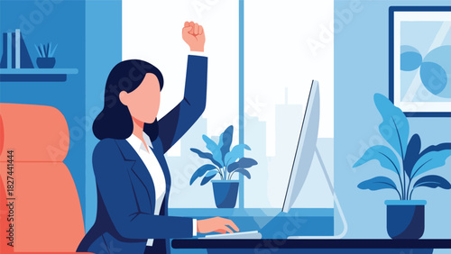 Excited businesswoman celebrating achievement at her desk. Ideal for motivation, success themes, teamwork celebration visuals, and professional growth content