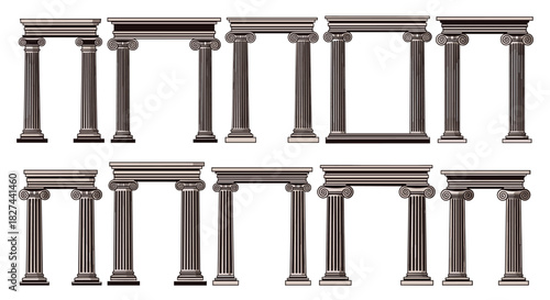 Majestic collection of classical Greek and Roman columns forming elegant arches and frames in a vintage architectural style.