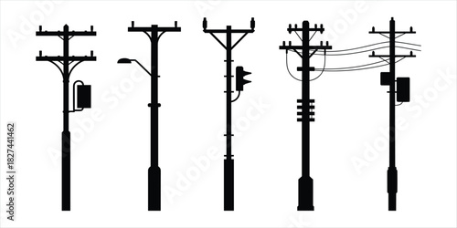 Black silhouettes of five utility poles with wires and equipment black and white power line