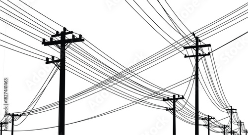 Black silhouette of telephone poles and tangled wires against white background power line electricity