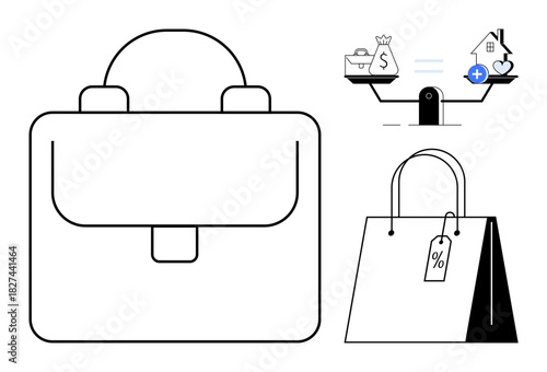 Business concept. Business ed by a briefcase, finance illustrated with a scale balancing money and health, and shopping concepts with discount bag icons. Icons for commerce, finance management