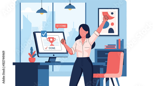 Excited businesswoman celebrating achievement at her desk. Ideal for motivation, success themes, teamwork celebration visuals, and professional growth content
