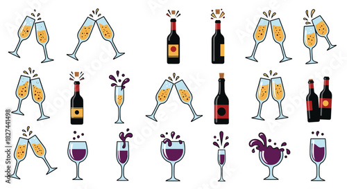 Celebration icon set featuring clinking champagne and wine glasses, popping bottles, and colorful splashes for festive events.